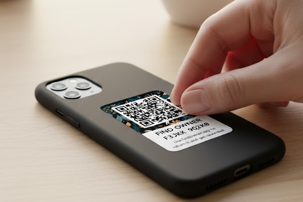 Hand applying Findowner QR sticker to phone