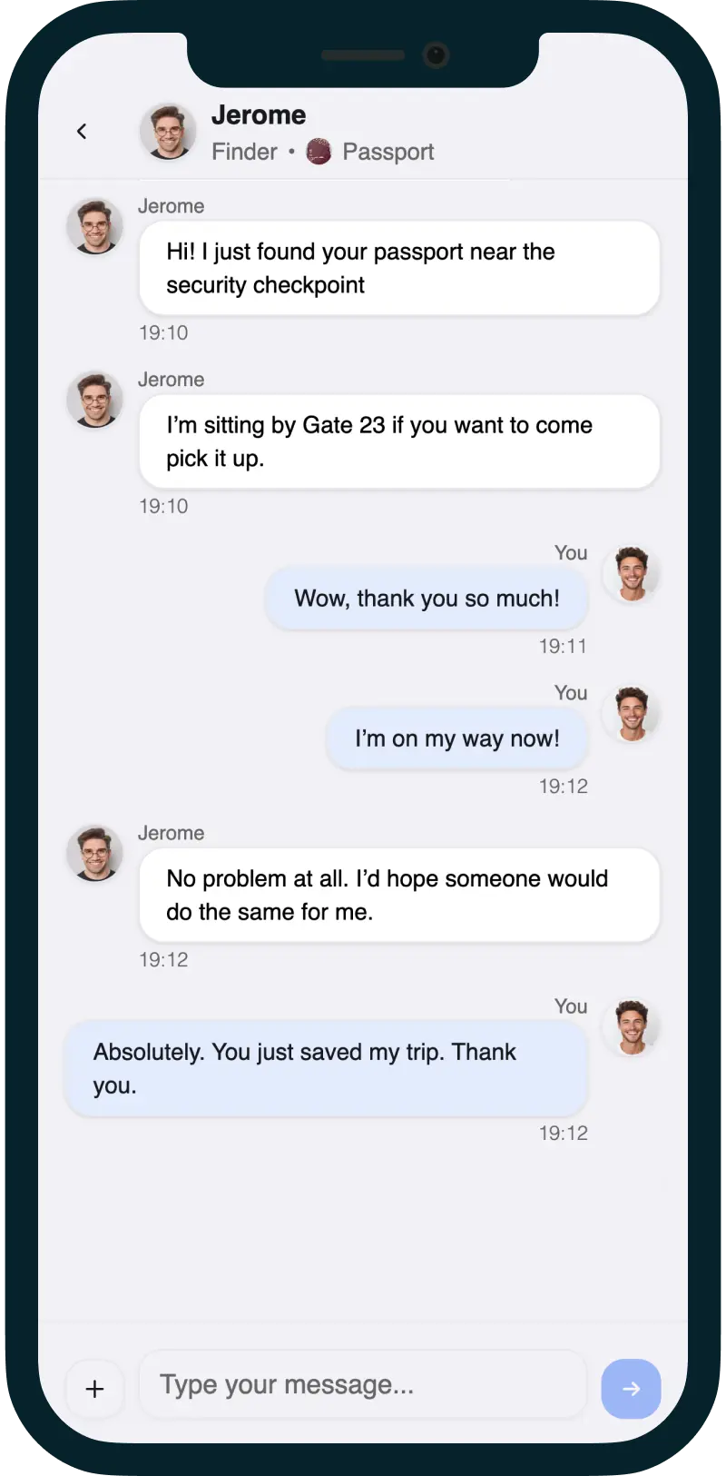 A private chat between a finder and an owner, arranging to return a found passport.