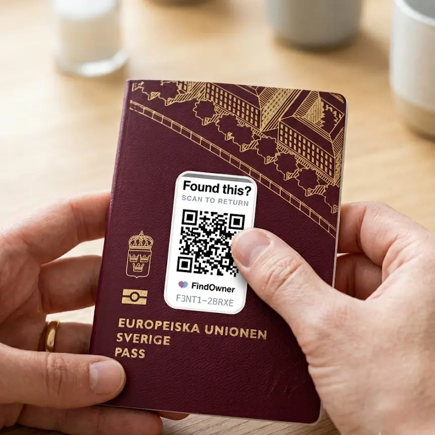 Hands sticking a FindOwner "Found this? Scan to return" tag onto a passport.