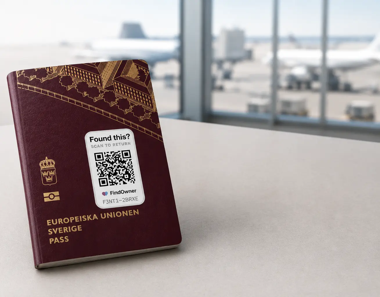 A FindOwner tag on a passport at the airport, ready for whoever finds it to scan.